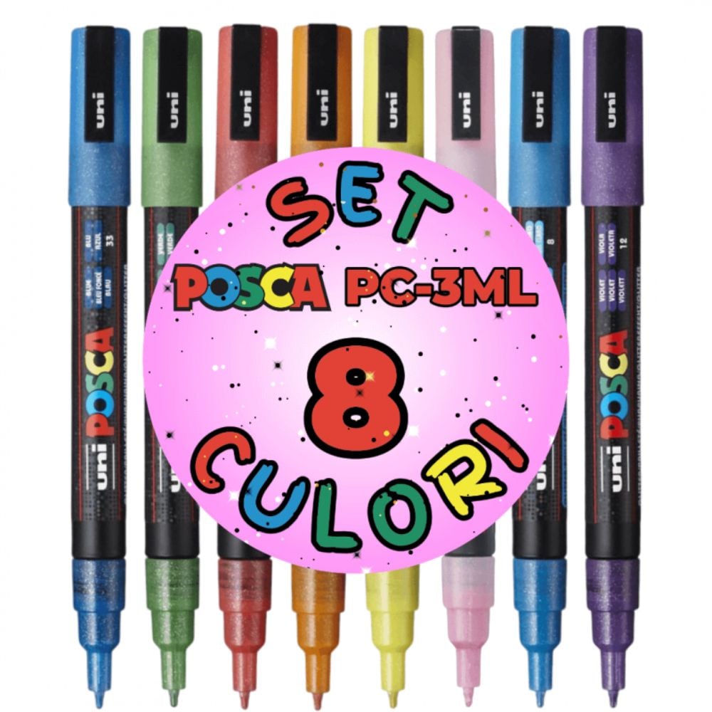 Set markere Posca, UNI PC-3ML, 0.9-1.3 MM, cu sclipici, 8 culori