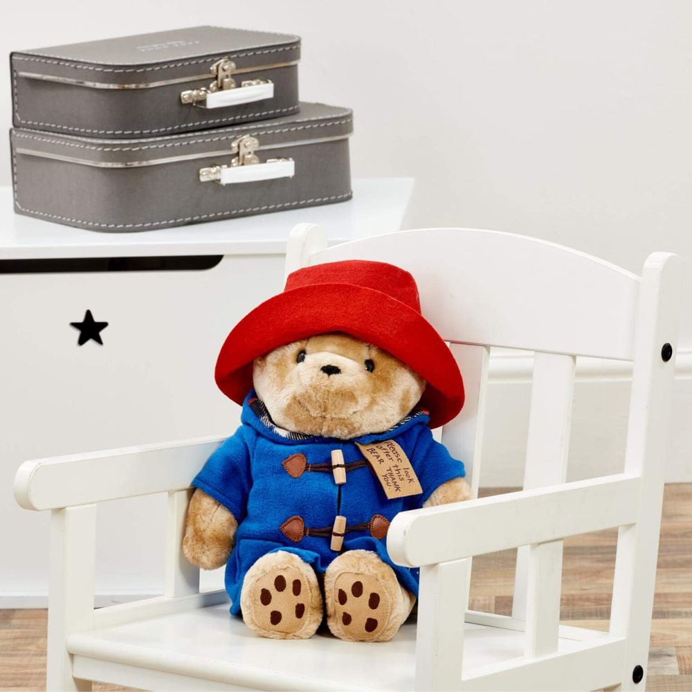 Jucarie de plus, Rainbow Designs, Ursuletul Paddington cu haina albastra, asezat, 30 cm