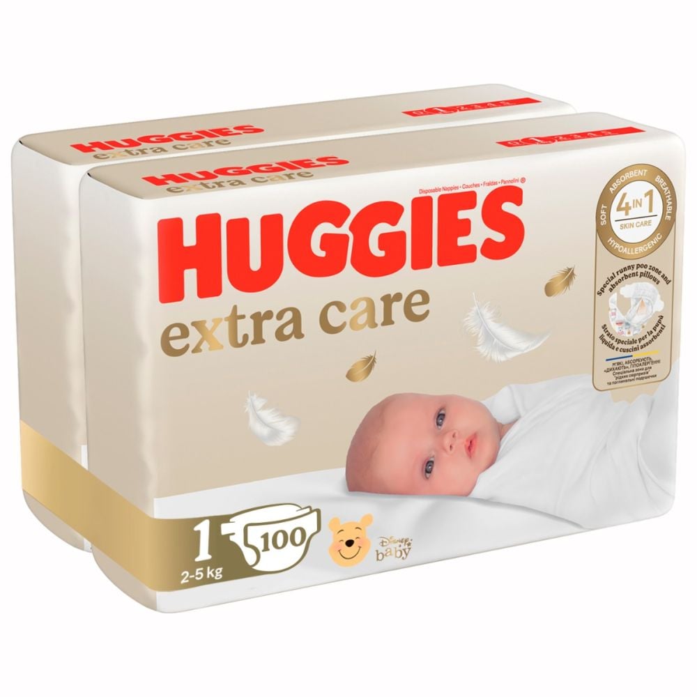 Scutece Huggies, Extra Care Jumbo, Nr 1, 2-5 kg, 100 bucati