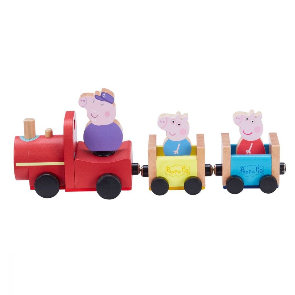 Set figurina cu tren din lemn cu locomotiva si 2 vagoane, Peppa Pig