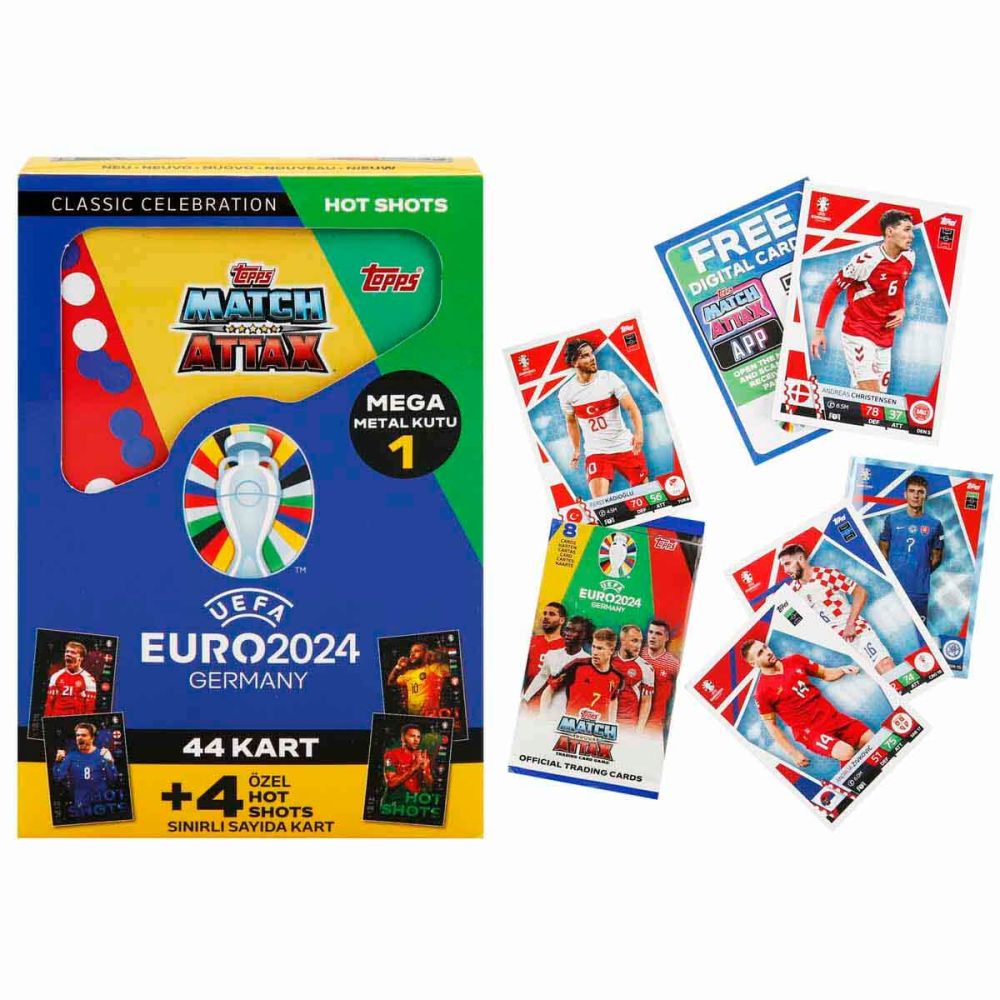Cartonase cu jucatori de fotbal in cutie metalica, Topps, UEFA EURO 2024, 48 buc