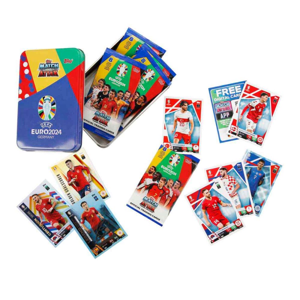 Cartonase cu jucatori de fotbal in cutie metalica, Topps, UEFA EURO 2024, 48 buc