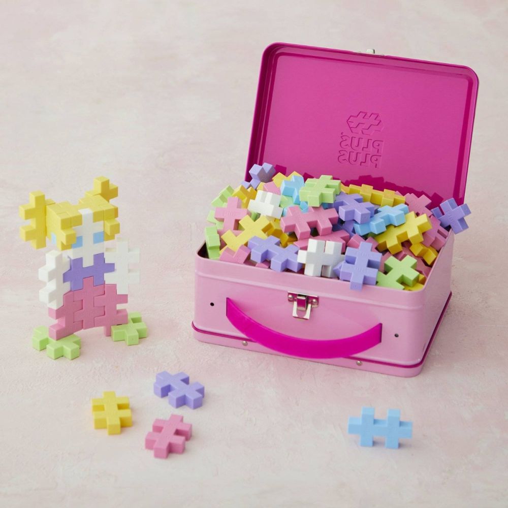 Set constructie, Plus-Plus, 70 piese mari, portabil, in cutie metalica, Culori pastelate