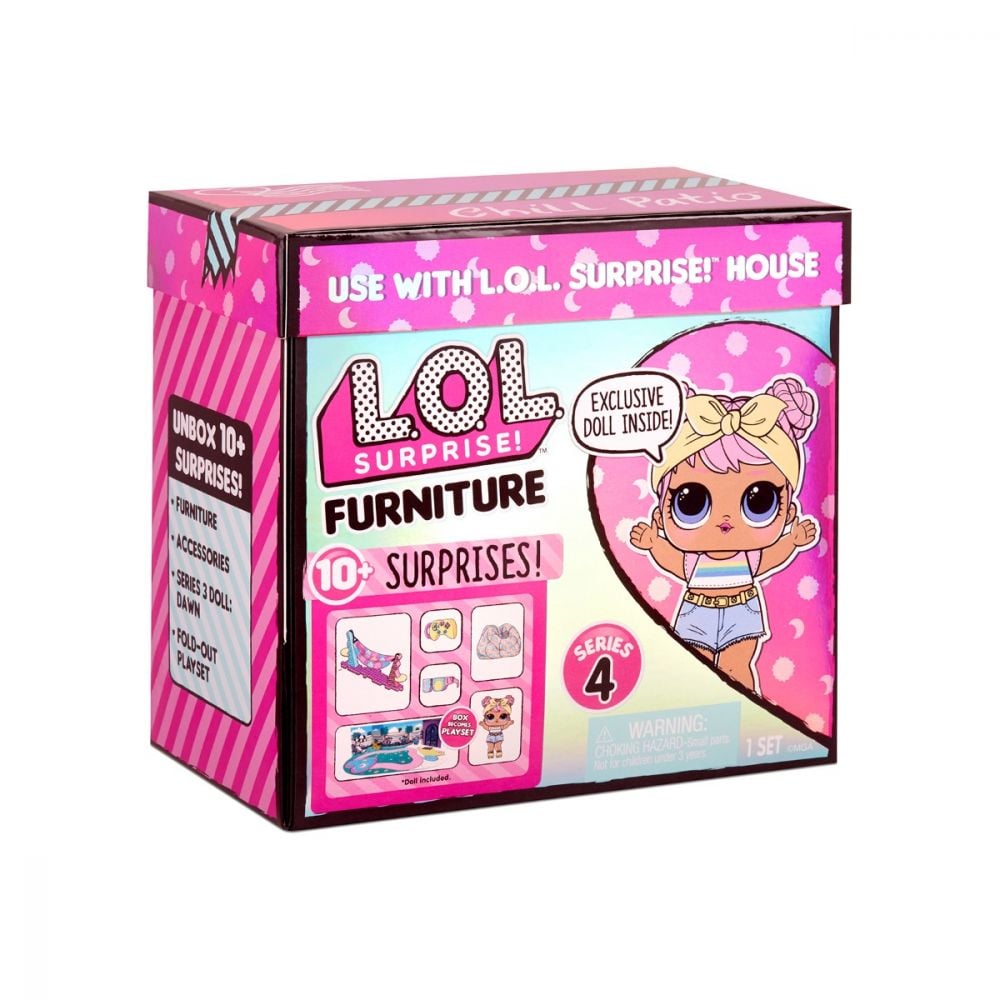 Set de joaca LOL Surprise Furniture Chill Patio, S4 cu papusa Dawn si 10 surprize, 572633EUC