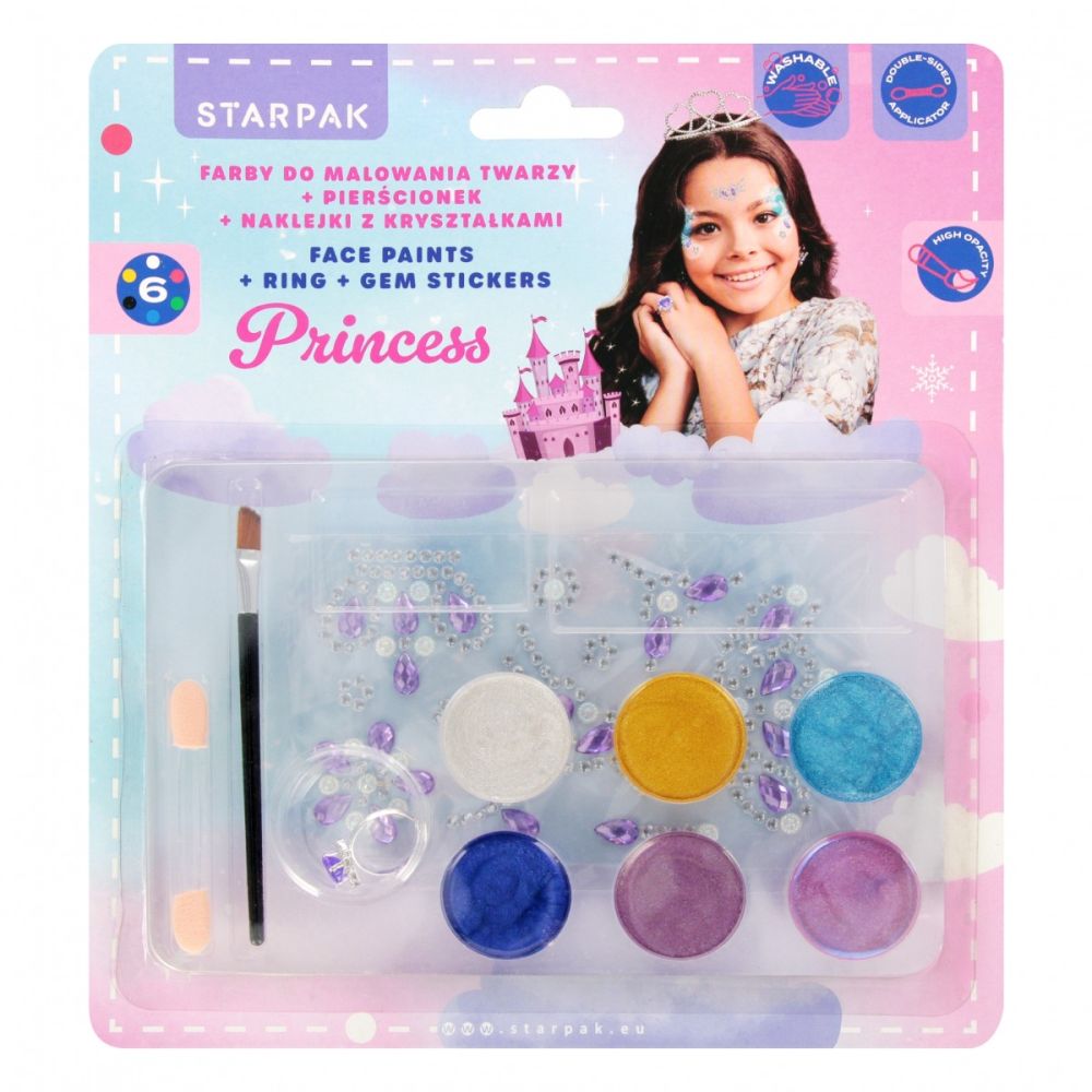 Set de pictura pentru fata, cu pensula, aplicator si stickere, Starpak, Princess, 6 culori