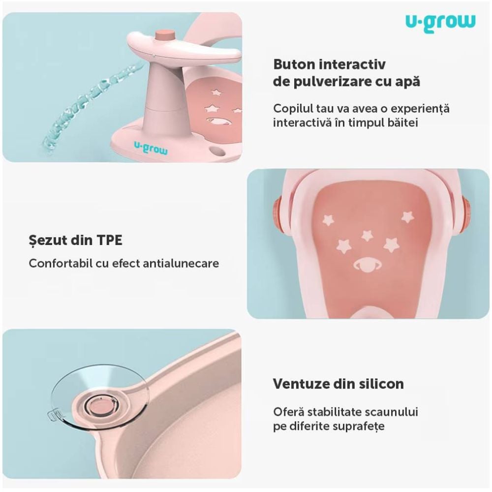 Scaun de baie pentru bebelusi, cu ghidon, U-Grow, Roz