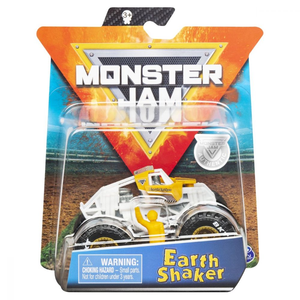 Masinuta Monster Jam, Scara 1:64, Earth Shaker cu figurina, Alb