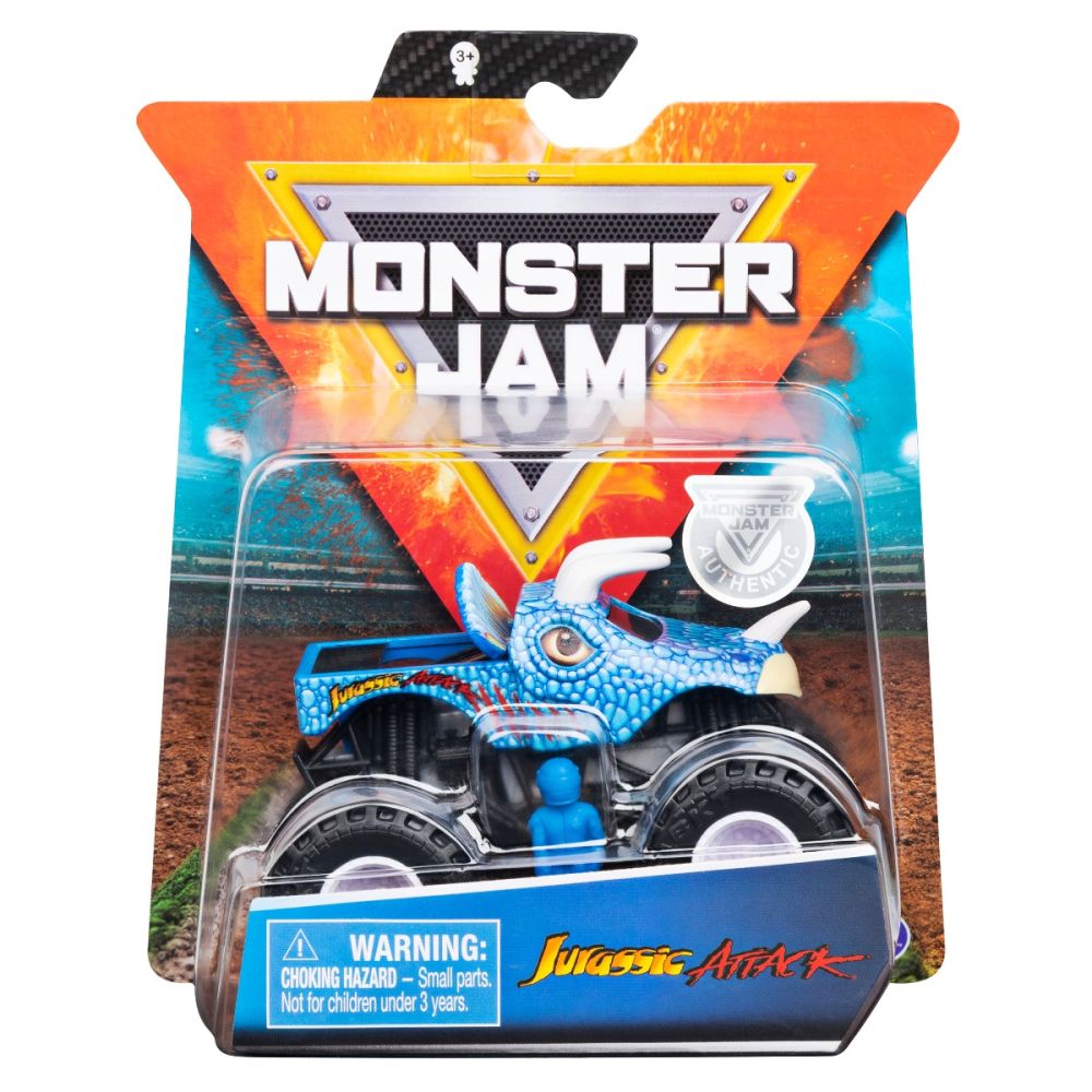 Masinuta Monster Jam, Scara 1:64, Jurassic Attack cu figurina, Albastru