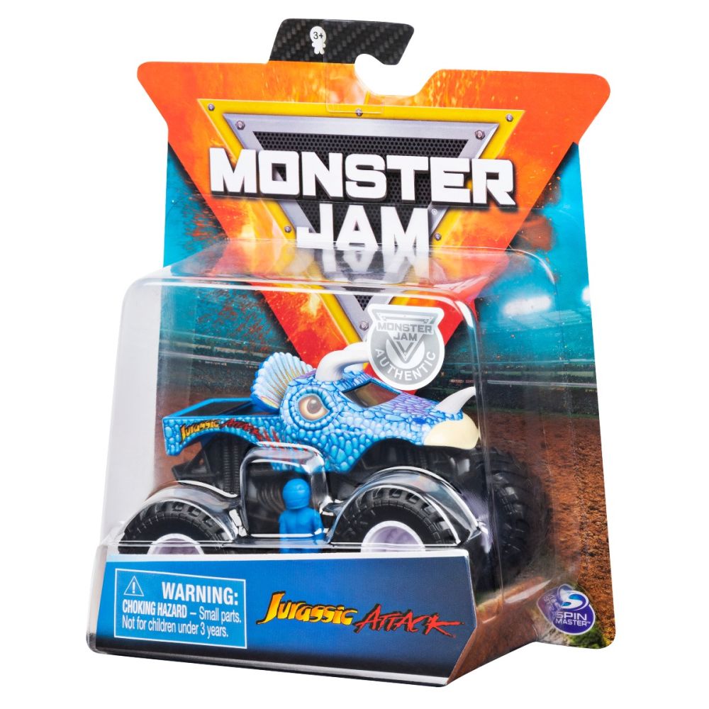 Masinuta Monster Jam, Scara 1:64, Jurassic Attack cu figurina, Albastru