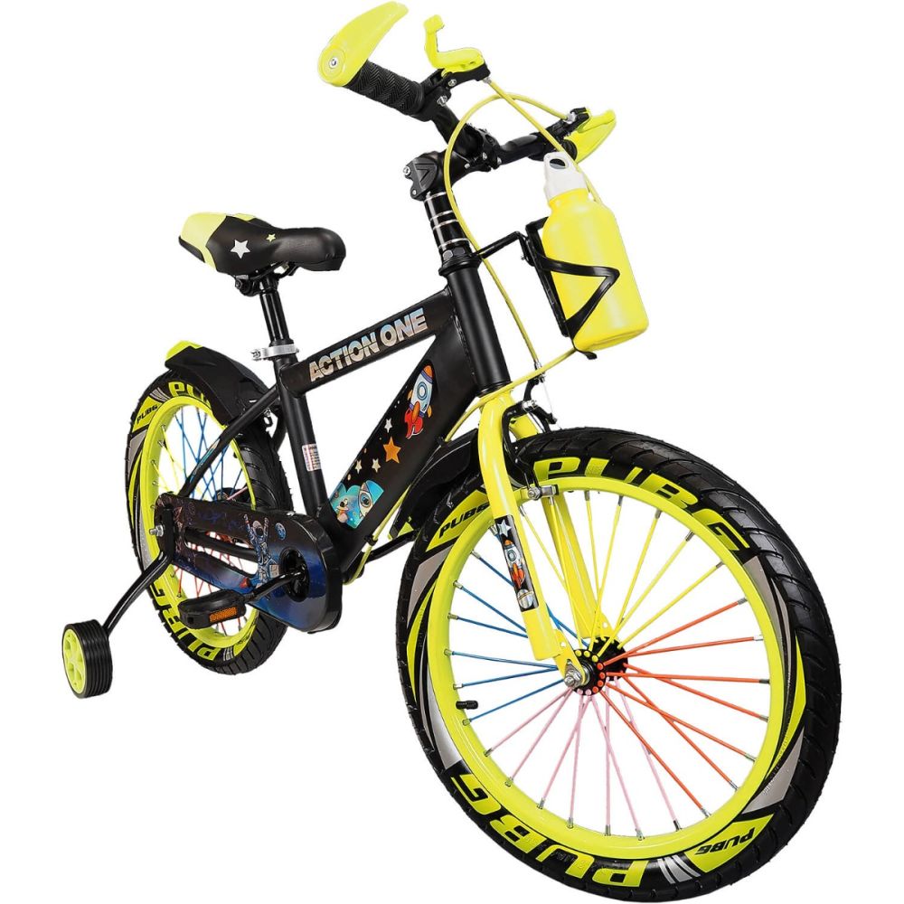 Bicicleta cu roti ajutatoare si bidon pentru apa Cameleon II, Action One, 14 inch, Verde Neon