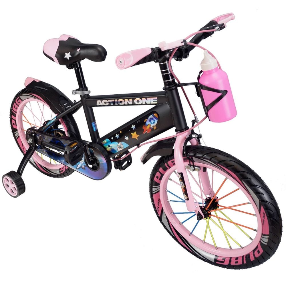 Bicicleta cu roti ajutatoare si bidon pentru apa Genesis II, Action One, 16 inch, Roz