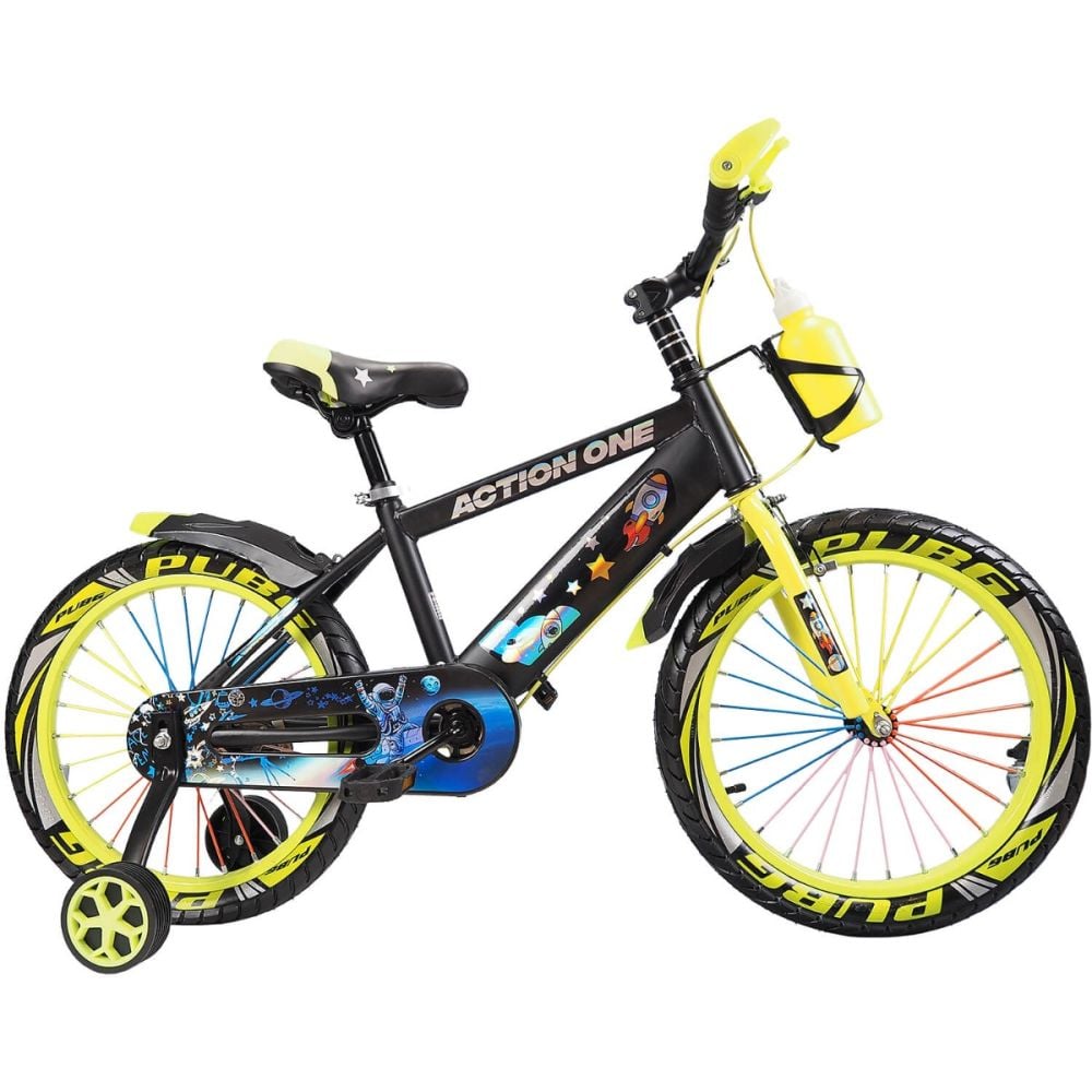 Bicicleta cu roti ajutatoare si bidon pentru apa Genesis II, Action One, 16 inch, Verde Neon