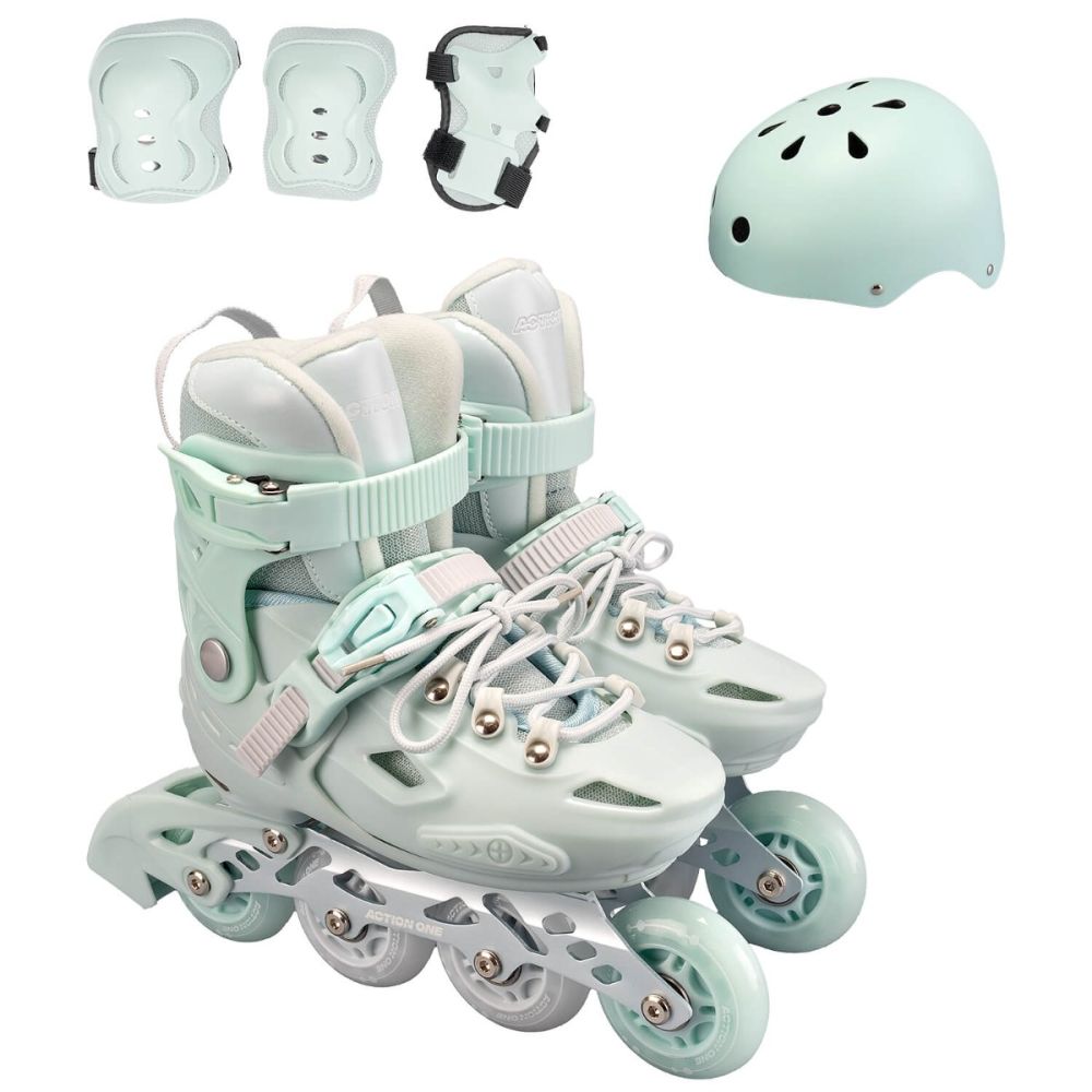 Set de role, Action One Pastel, Marimea S (28-31), cu casca, protectii si geanta transport, roti luminoase, Verde