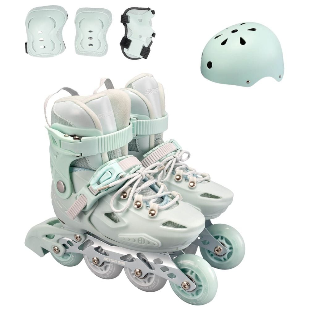 Set de role, Action One Pastel, Marimea M (32-35), cu casca, protectii si geanta transport, roti luminoase, Verde