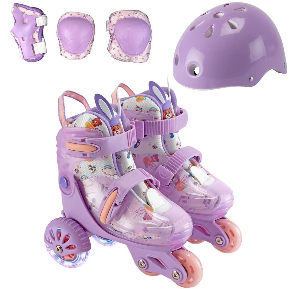 Set de role incepatori, Action One, roti luminoase, cu casca, protectii si geanta de transport, S (31-34) Purple