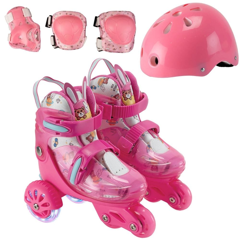 Set de role incepatori, Action One, roti luminoase, cu casca, protectii si geanta de transport, S (31-34), Roz