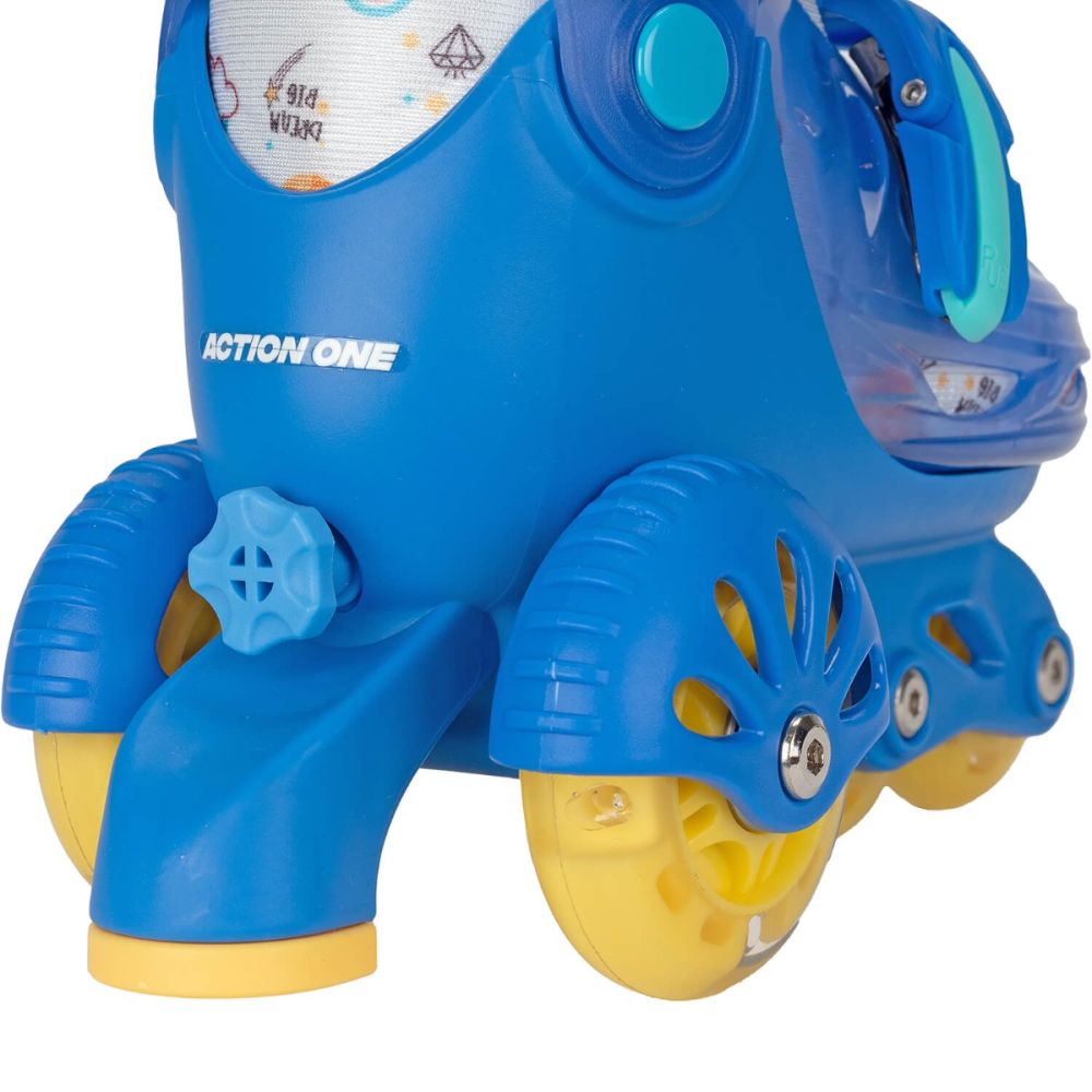 Set de role incepatori, Action One, roti luminoase, cu casca, protectii si geanta de transport, S (31-34), Blue