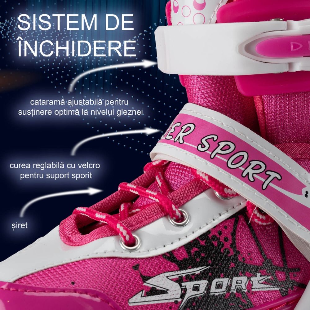 Set de role, Action One, Power Sport, roti luminoase, cu casca, protectii si geanta transport, S (31-34), Roz