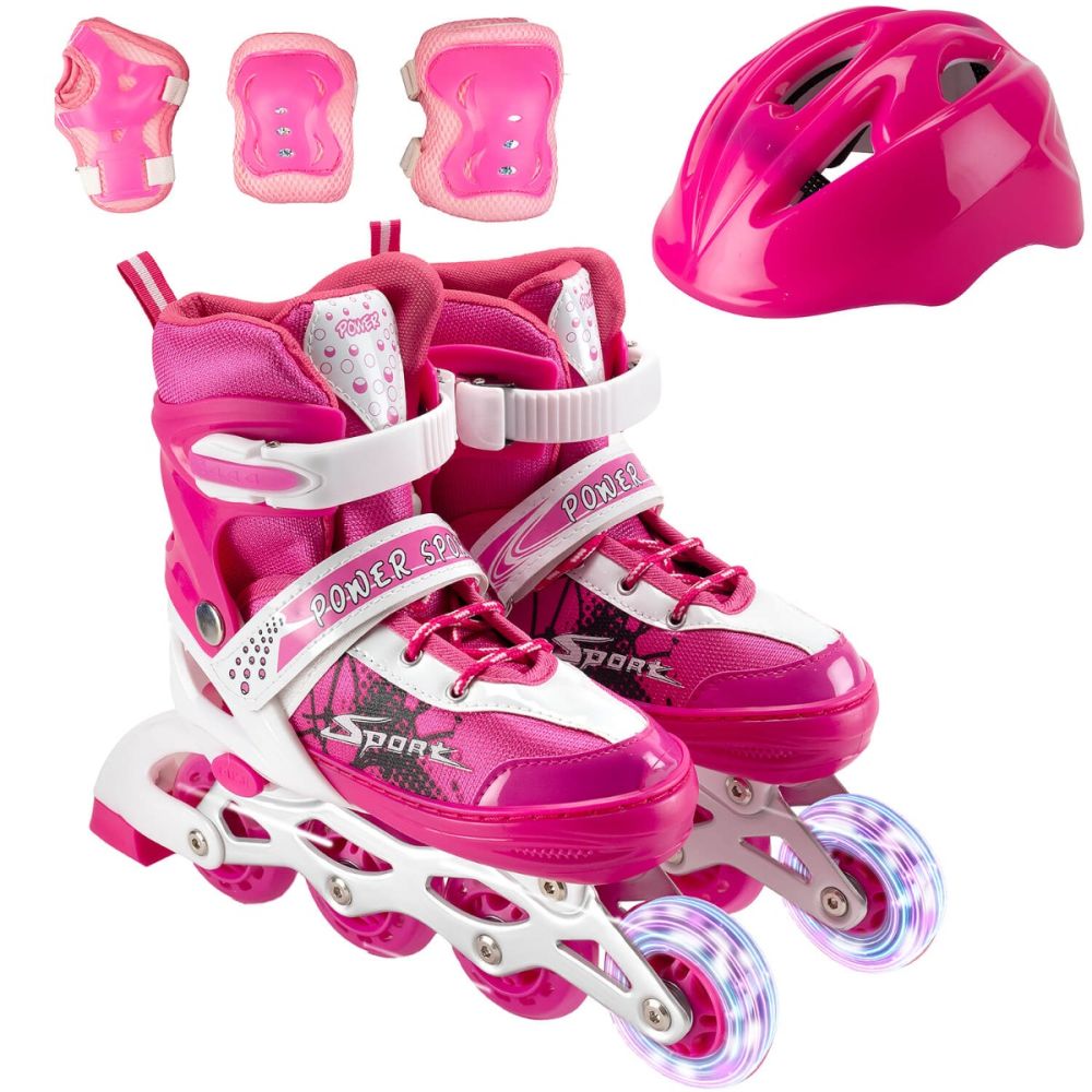 Set de role, Action One, Power Sport, roti luminoase, cu casca, protectii si geanta transport, M (35-38), Roz