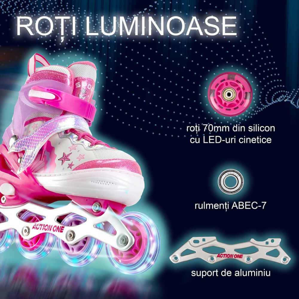 Role reglabile, Action One, Little Mermaid, roti luminoase, sina aluminiu, M (35-38), Roz