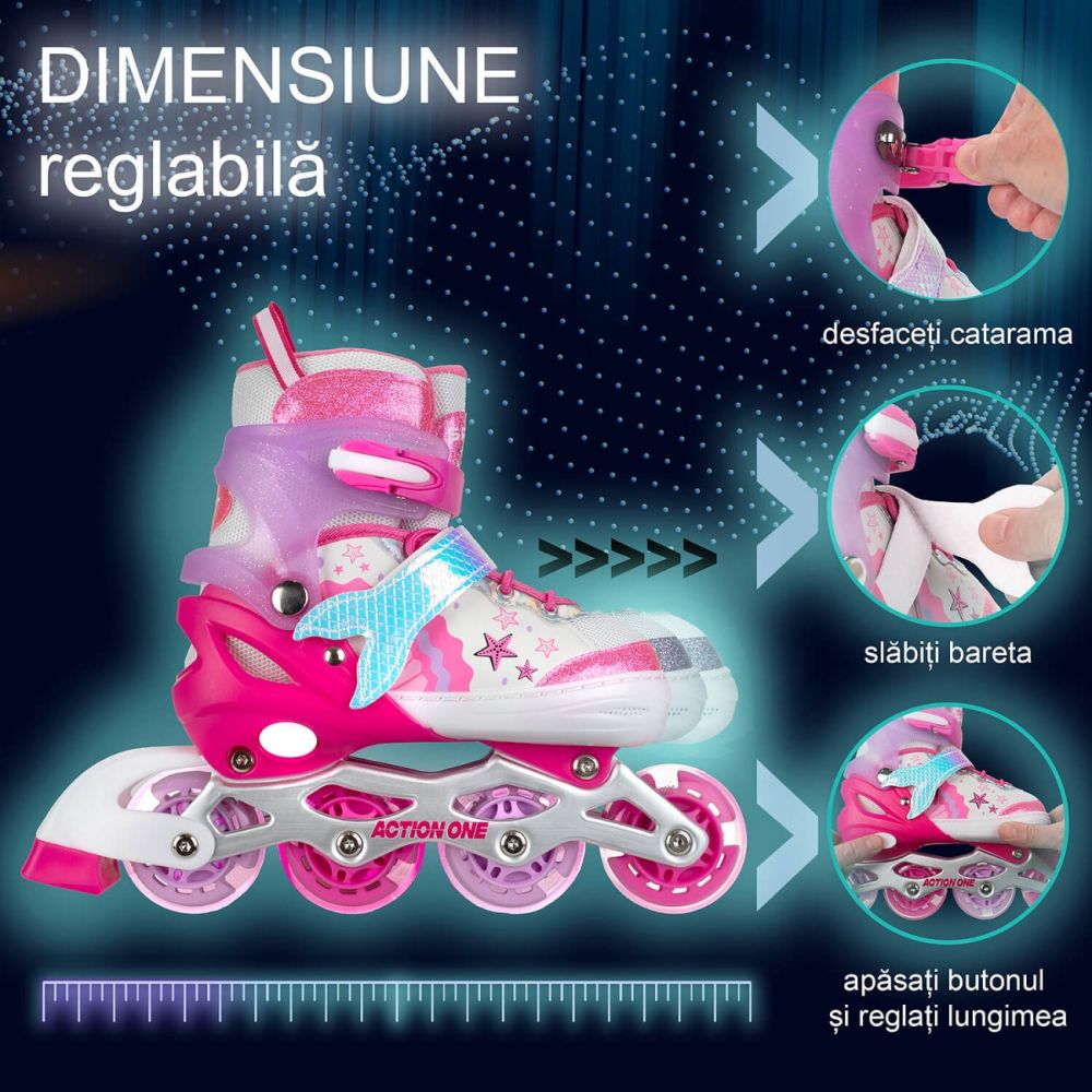 Role reglabile, Action One, Little Mermaid, roti luminoase, sina aluminiu, M (35-38), Roz