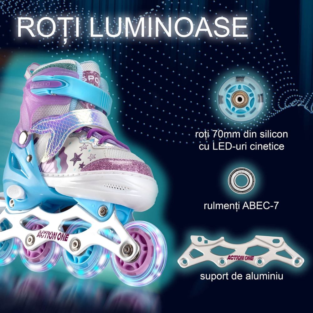 Role reglabile, Action One, Little Mermaid, roti luminoase, sina aluminiu, S (31-34), Purple