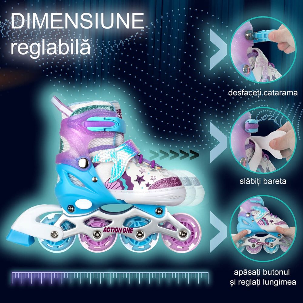 Role reglabile, Action One, Little Mermaid, roti luminoase, sina aluminiu, S (31-34), Purple