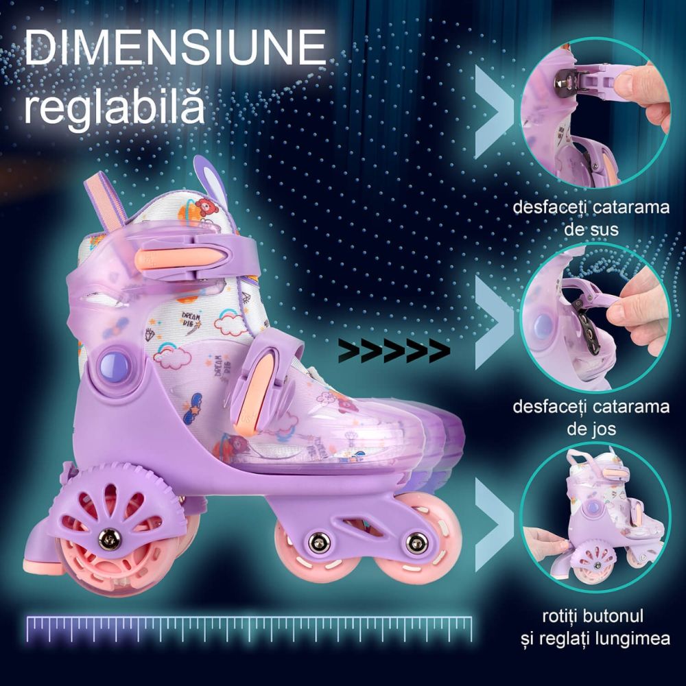 Role reglabile, Action One, incepatori, roti luminoase, S (31-34), Lila