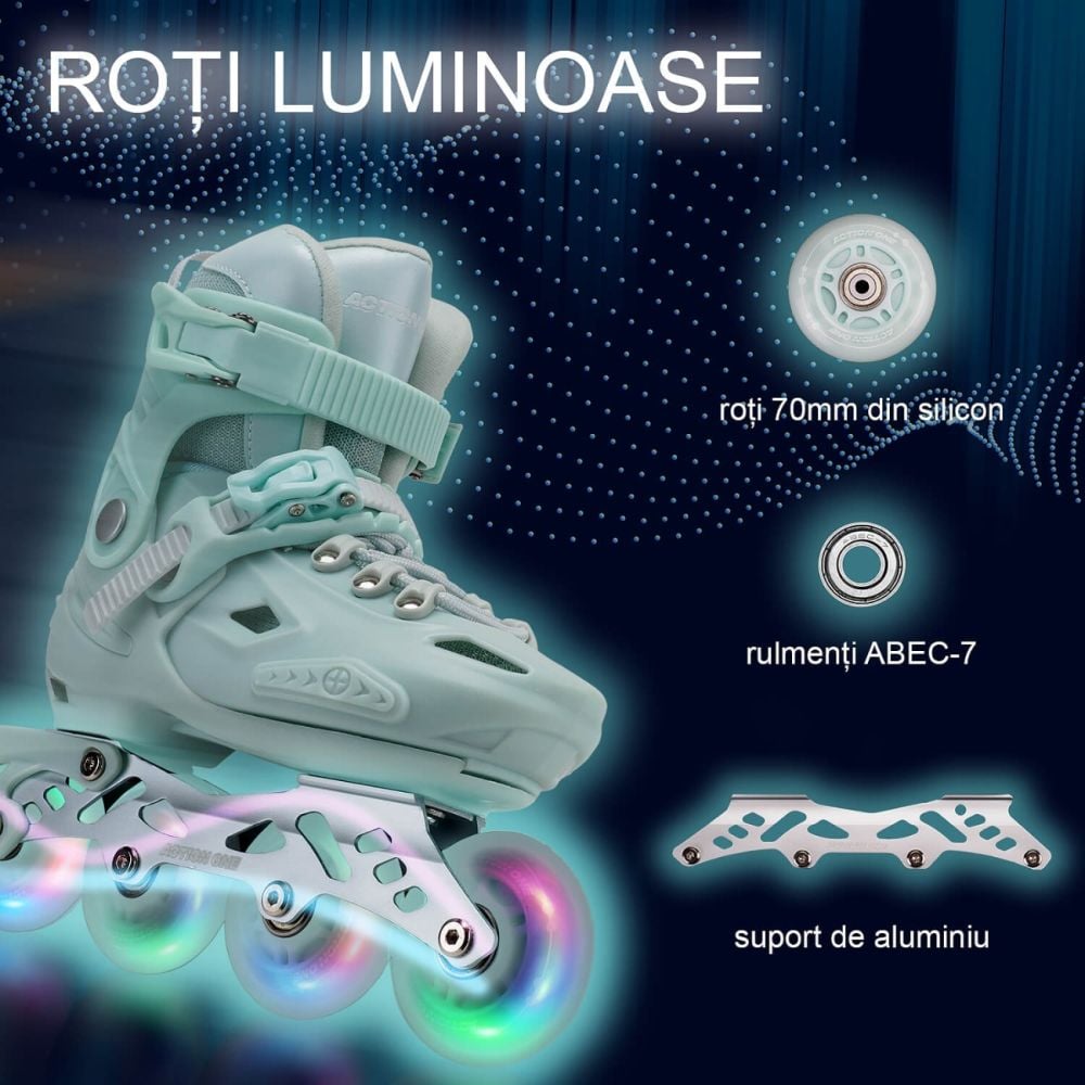 Role reglabile, Action One, Pastel Mint Green, roti luminoase din silicon, sina aluminiu, S (28-31)