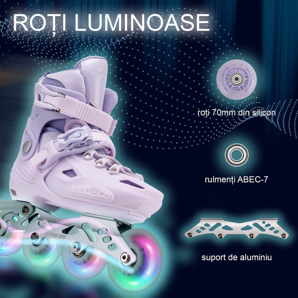 Role reglabile, Action One, Pastel Lila, roti luminoase din silicon, sina aluminiu, M (32-35)
