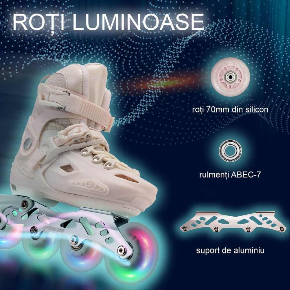 Role reglabile, Action One, Pastel Tan, roti luminoase din silicon, sina aluminiu, M (32-35)