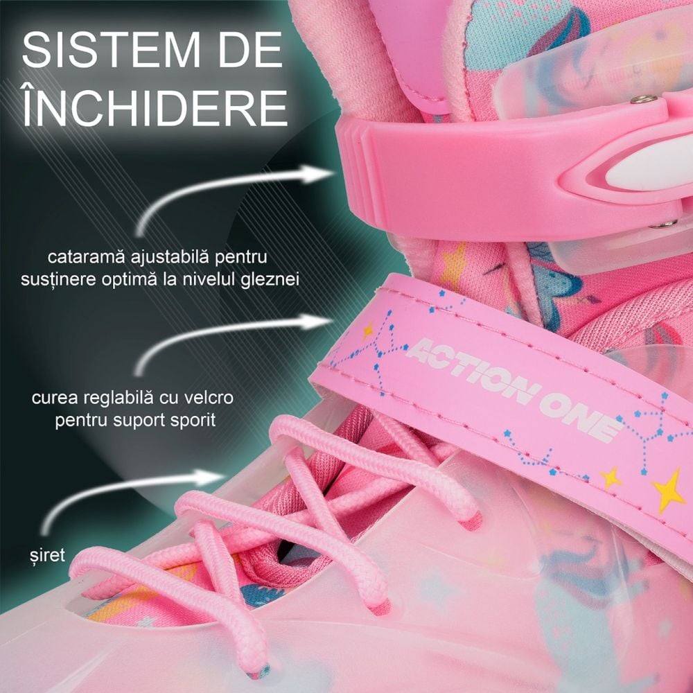 Role reglabile, Action One, Unicorn, roti luminoase din silicon, sina aluminiu, M (33-37), Roz