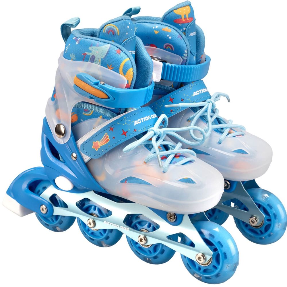 Role reglabile, Action One, Dinosaur, roti luminoase din silicon, sina aluminiu, M (33-37), Blue