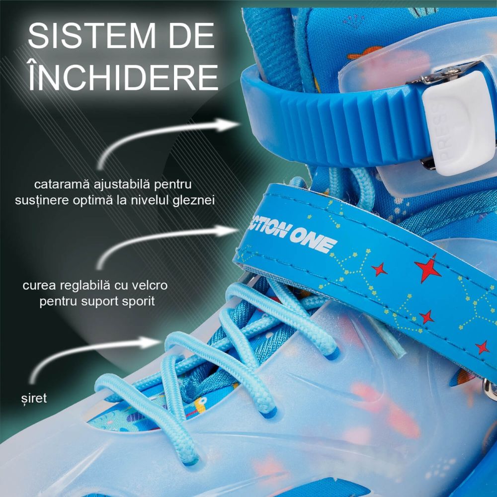 Role reglabile, Action One, Dinosaur, roti luminoase din silicon, sina aluminiu, M (33-37), Blue