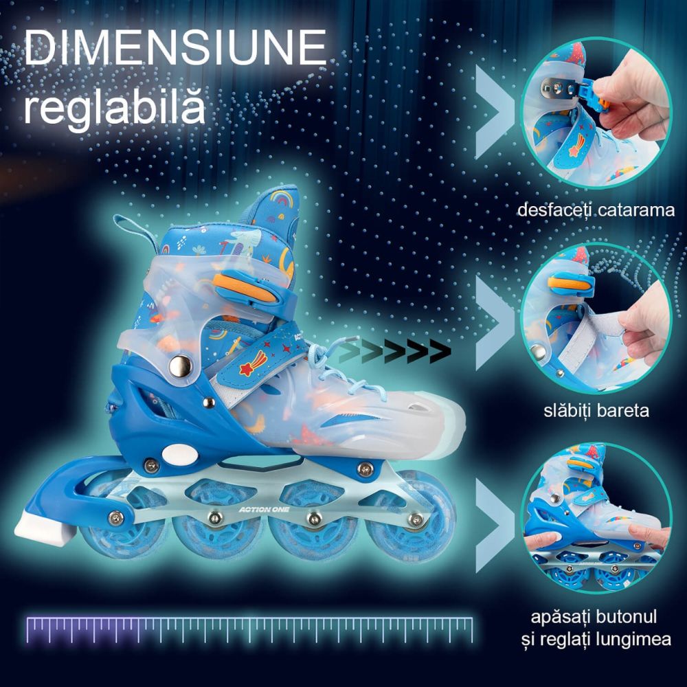 Role reglabile, Action One, Dinosaur, roti luminoase din silicon, sina aluminiu, M (33-37), Blue