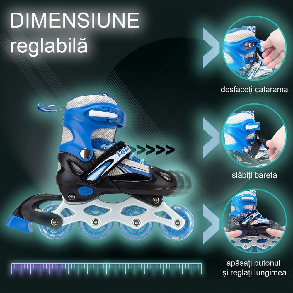 Role reglabile, Action One, Ciel, roti luminoase din silicon, sina aluminiu, M (35-38), Albastru