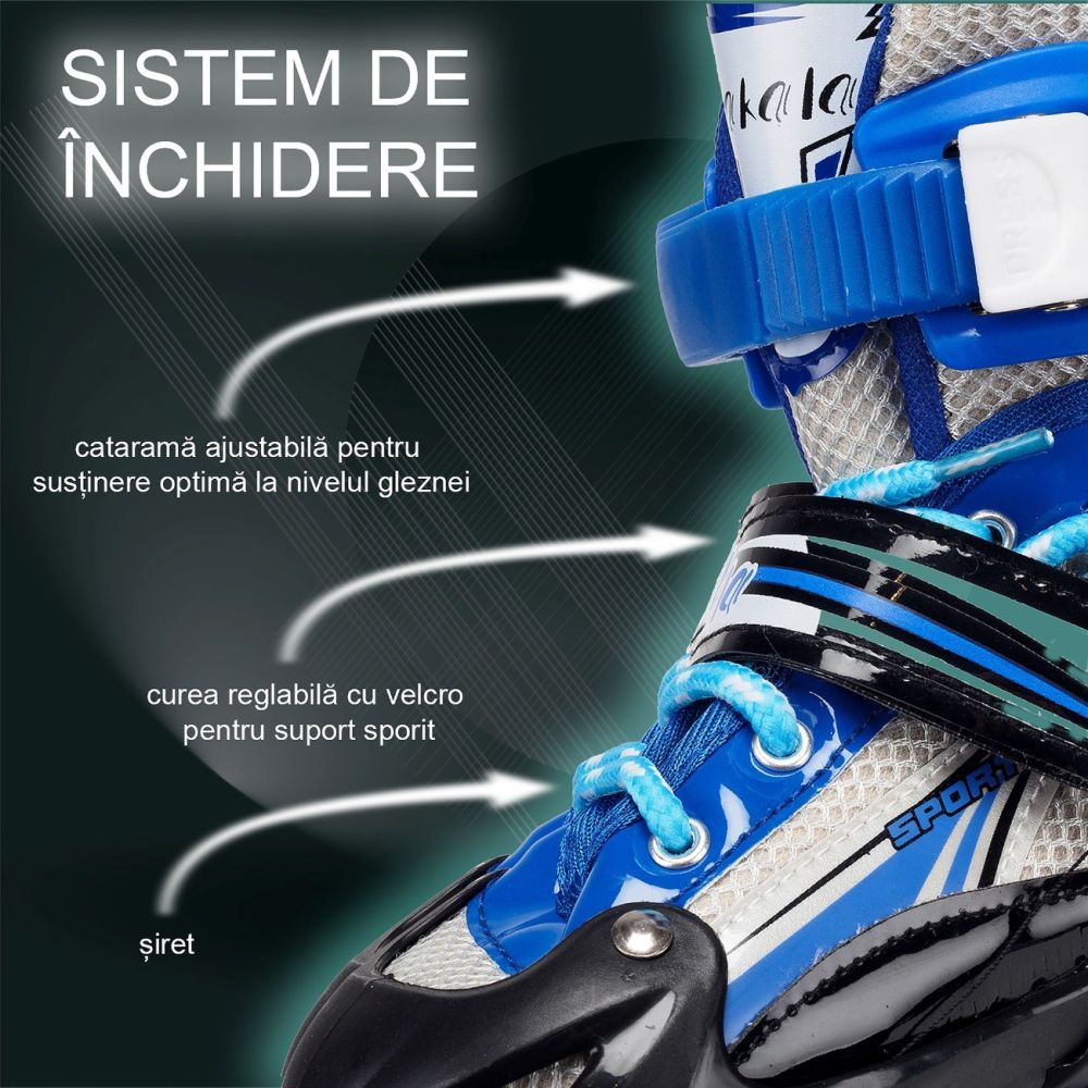 Role reglabile, Action One, Ciel, roti luminoase din silicon, sina aluminiu, M (35-38), Albastru