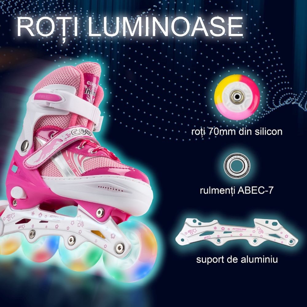Role reglabile, Action One, Pinky, roti luminoase din silicon, sina aluminiu, M (35-38), Roz