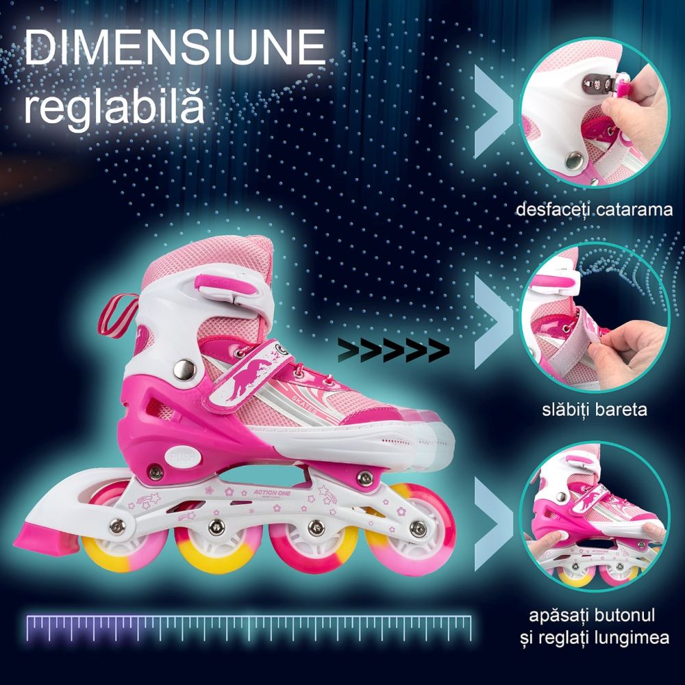 Role reglabile, Action One, Pinky, roti luminoase din silicon, sina aluminiu, M (35-38), Roz