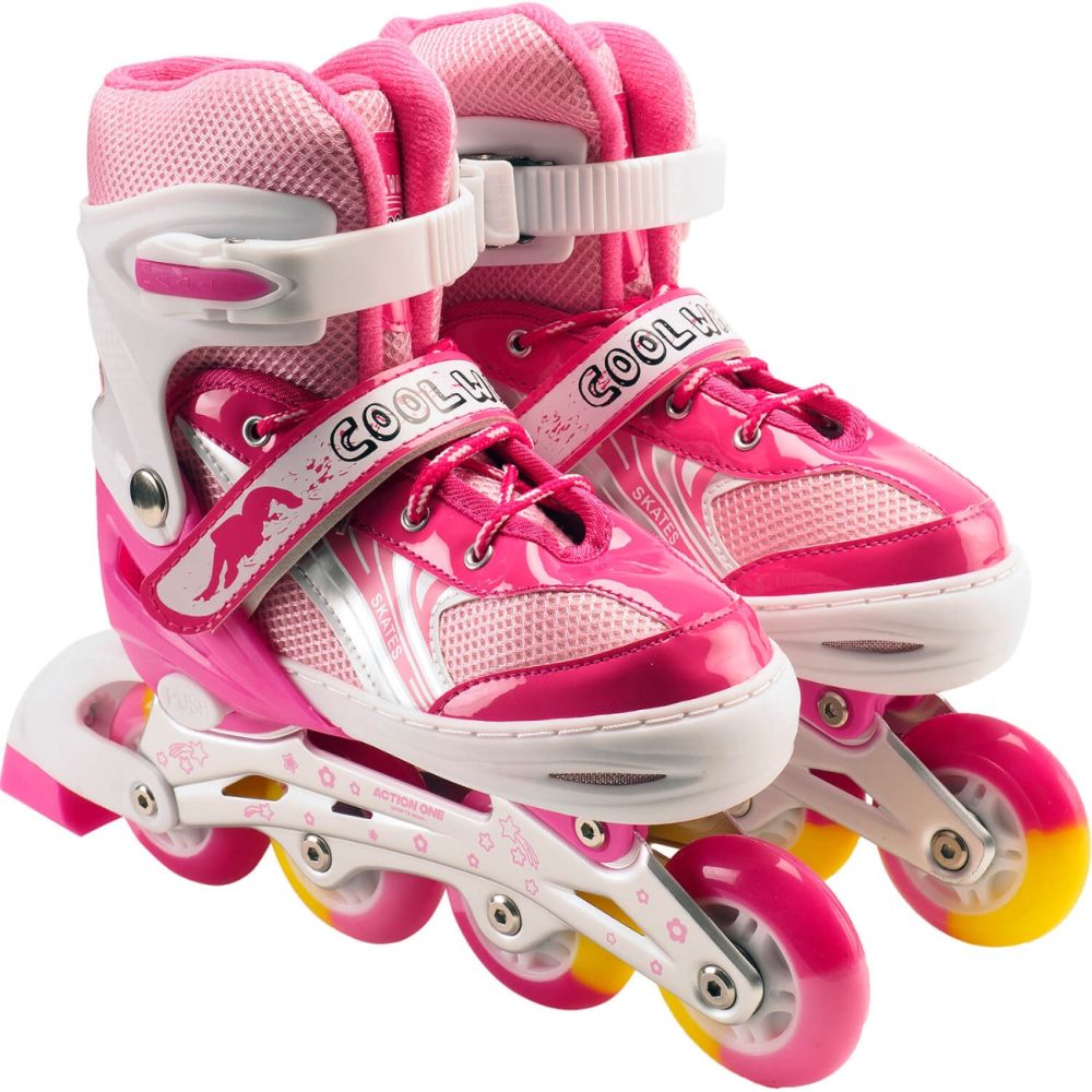 Role reglabile, Action One, Pinky, roti luminoase din silicon, sina aluminiu, S (31-34), Roz