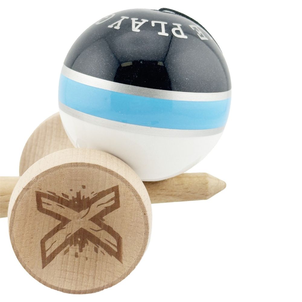 Jucarie de indemanare din lemn, Kendama X, Flippy, Royal Spike, King Size V3, Super Sticky, 18 cm, Bleu