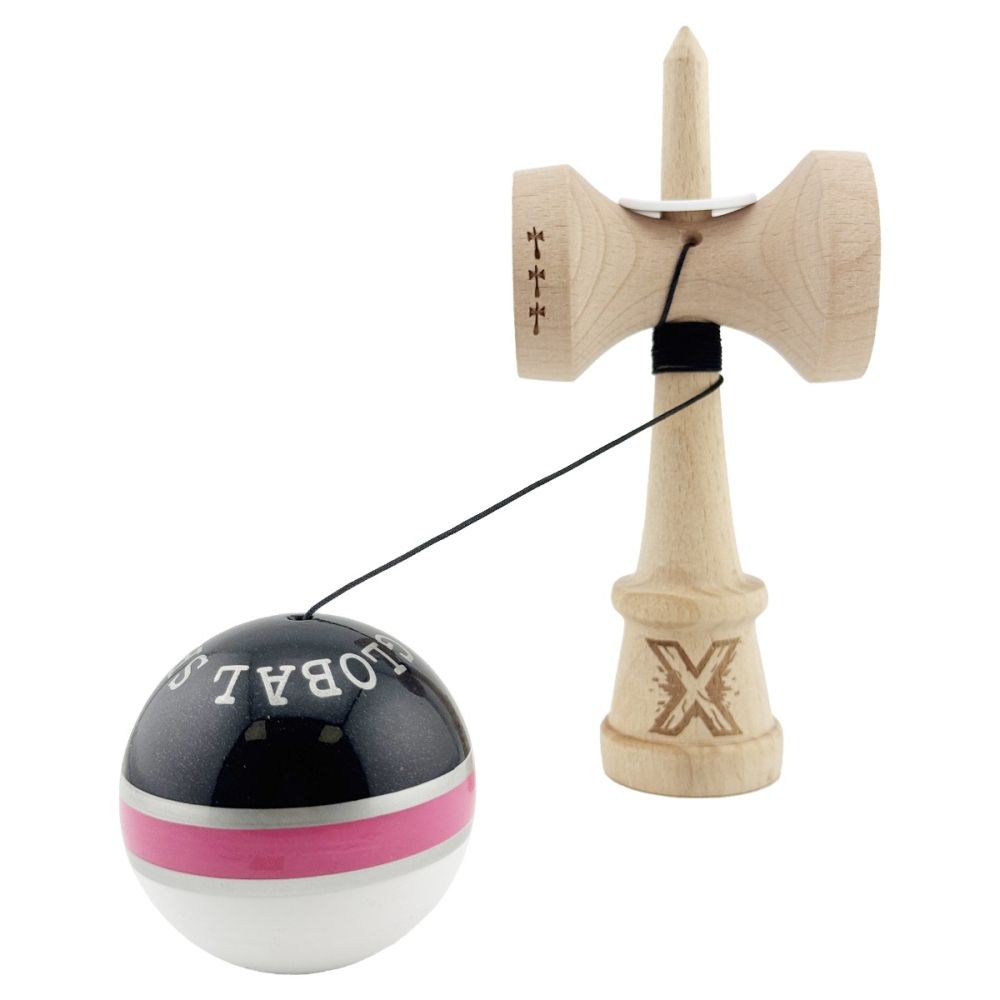 Jucarie de indemanare din lemn, Kendama X, Flippy, Royal Spike, King Size V3, Super Sticky, 18 cm, Roz