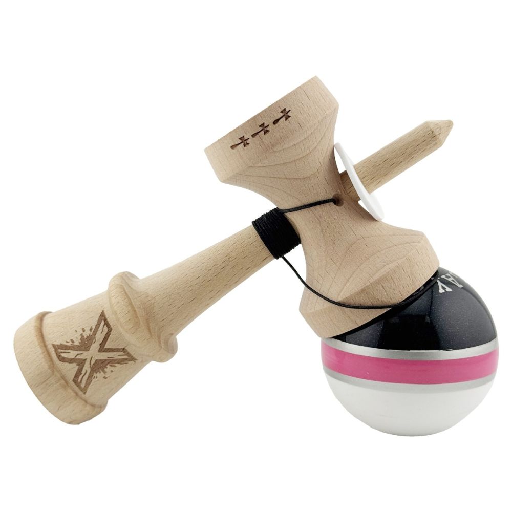 Jucarie de indemanare din lemn, Kendama X, Flippy, Royal Spike, King Size V3, Super Sticky, 18 cm, Roz