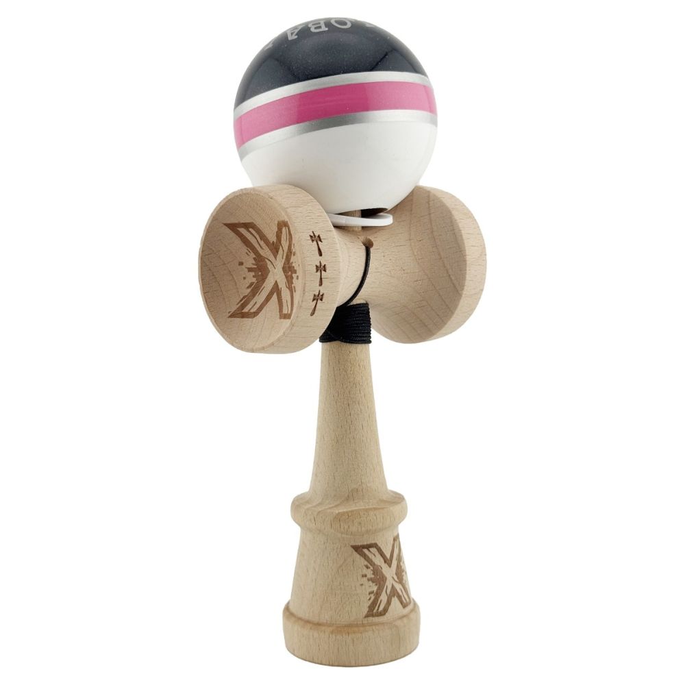 Jucarie de indemanare din lemn, Kendama X, Flippy, Royal Spike, King Size V3, Super Sticky, 18 cm, Roz