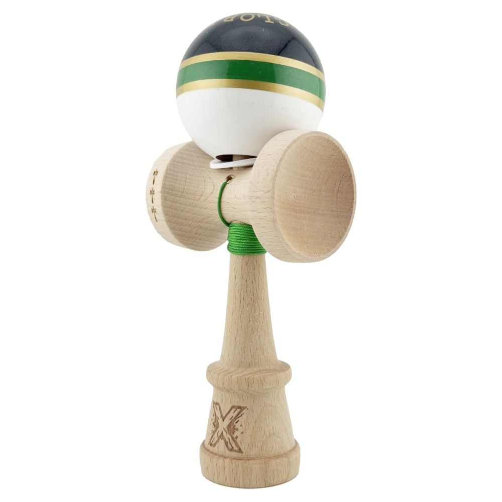Jucarie de indemanare din lemn, Kendama X, Flippy, Royal Spike, King Size V3, Super Sticky, 18 cm, Verde