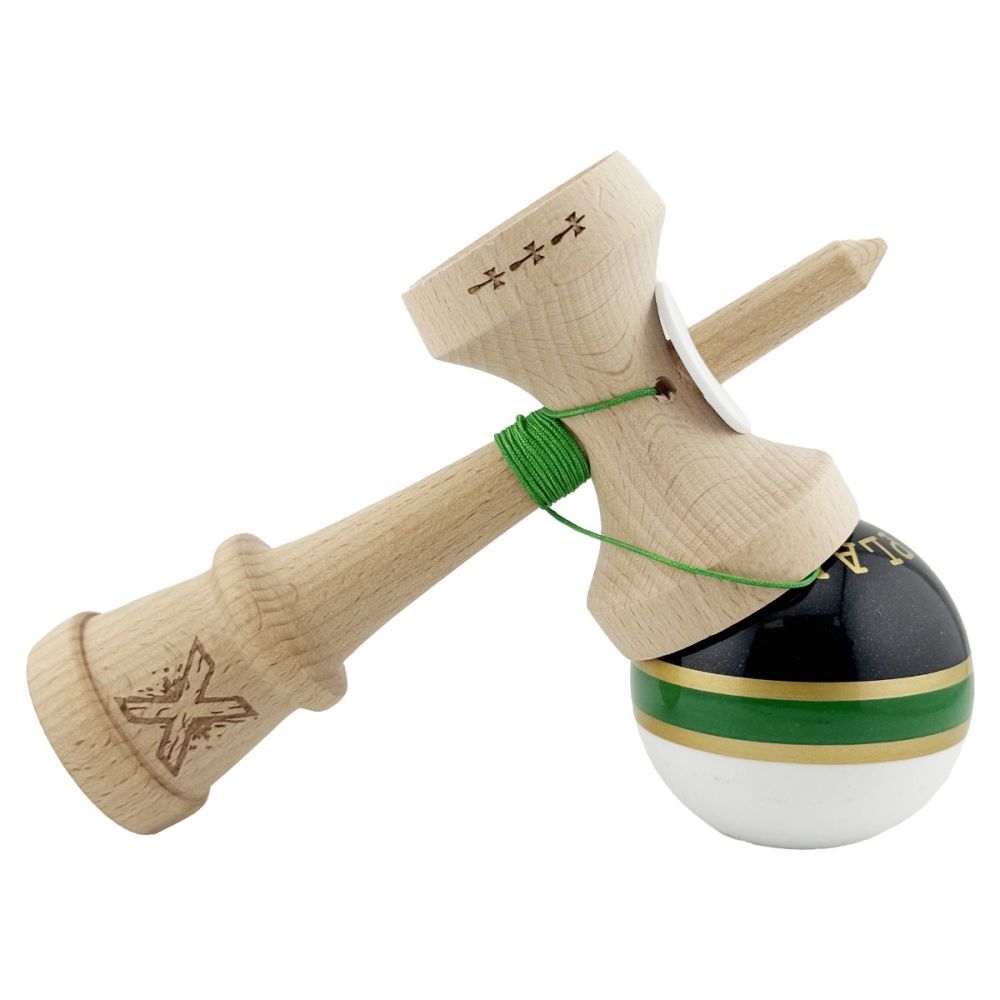 Jucarie de indemanare din lemn, Kendama X, Flippy, Royal Spike, King Size V3, Super Sticky, 18 cm, Verde