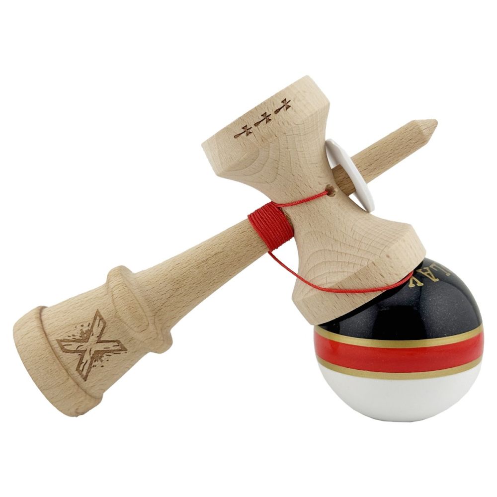 Jucarie de indemanare din lemn, Kendama X, Flippy, Royal Spike, King Size V3, Super Sticky, 18 cm, Rosu