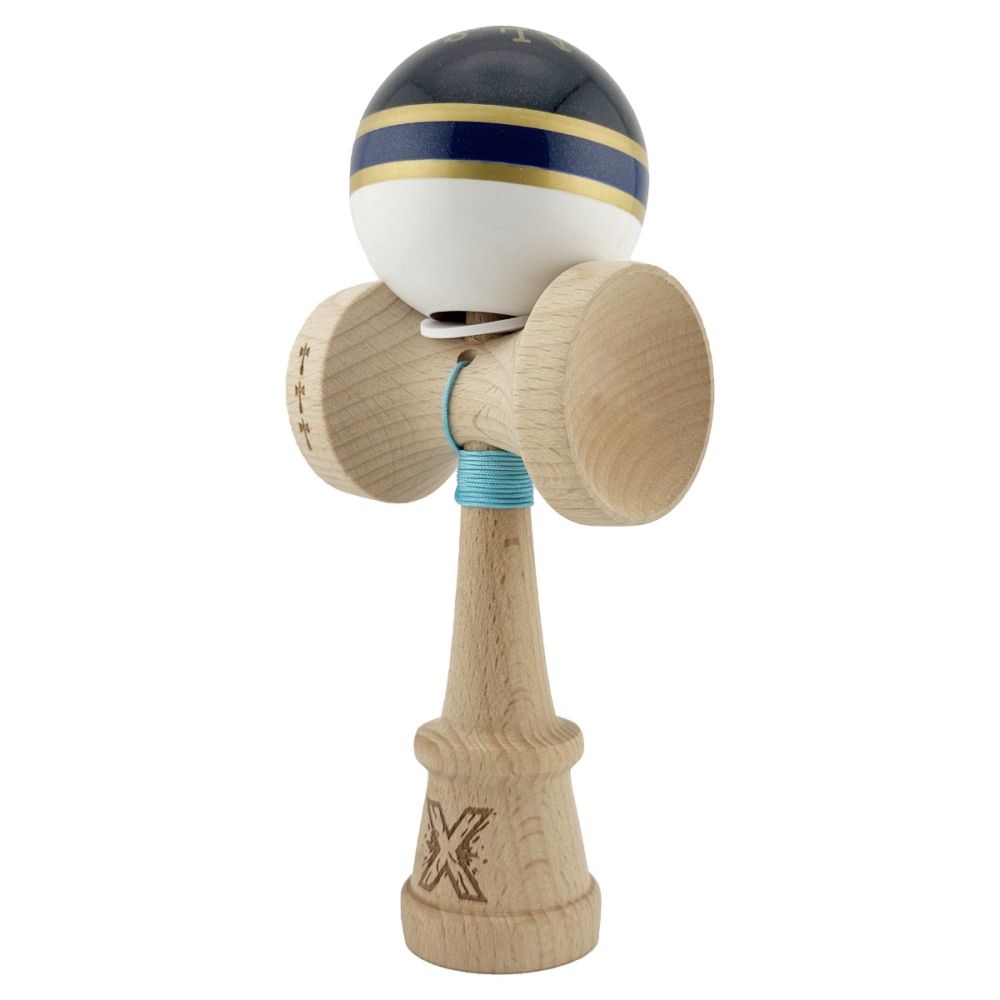 Jucarie de indemanare din lemn, Kendama X, Flippy, Royal Spike, King Size V3, Super Sticky, 18 cm, Albastru