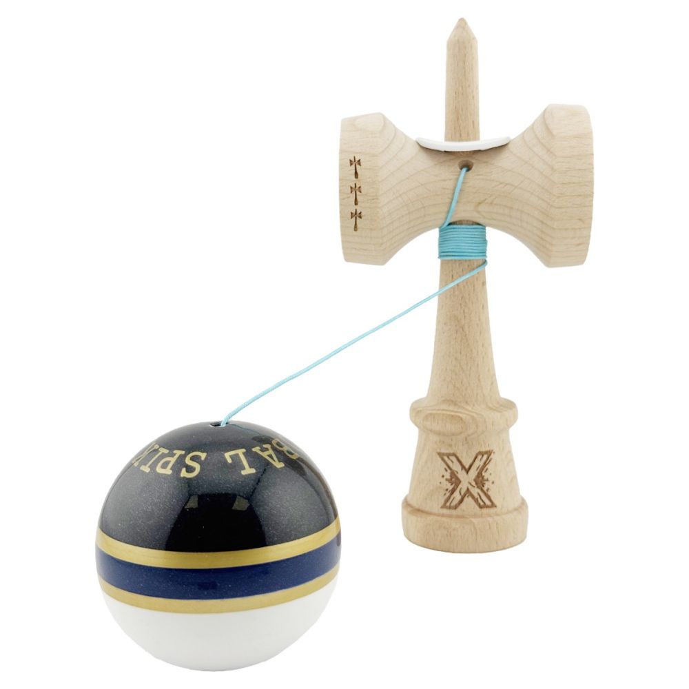 Jucarie de indemanare din lemn, Kendama X, Flippy, Royal Spike, King Size V3, Super Sticky, 18 cm, Albastru