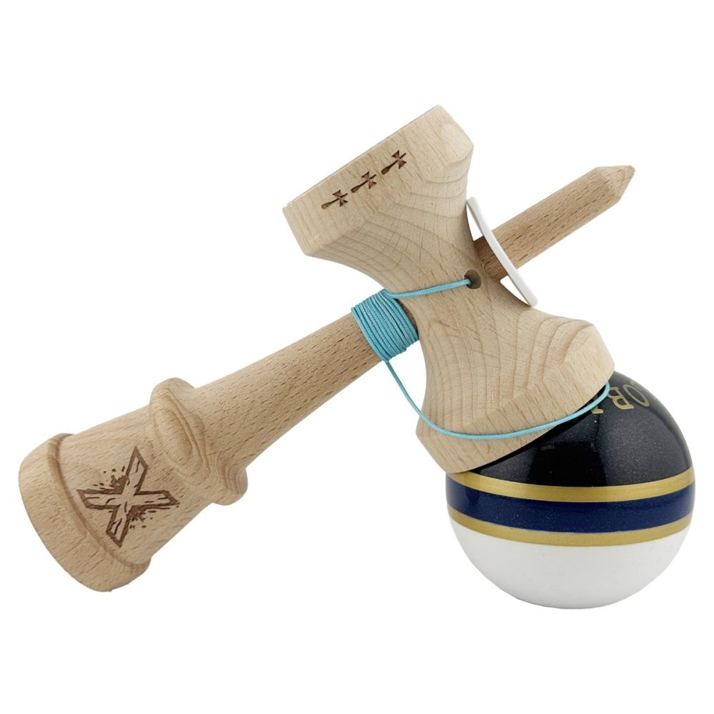 Jucarie de indemanare din lemn, Kendama X, Flippy, Royal Spike, King Size V3, Super Sticky, 18 cm, Albastru